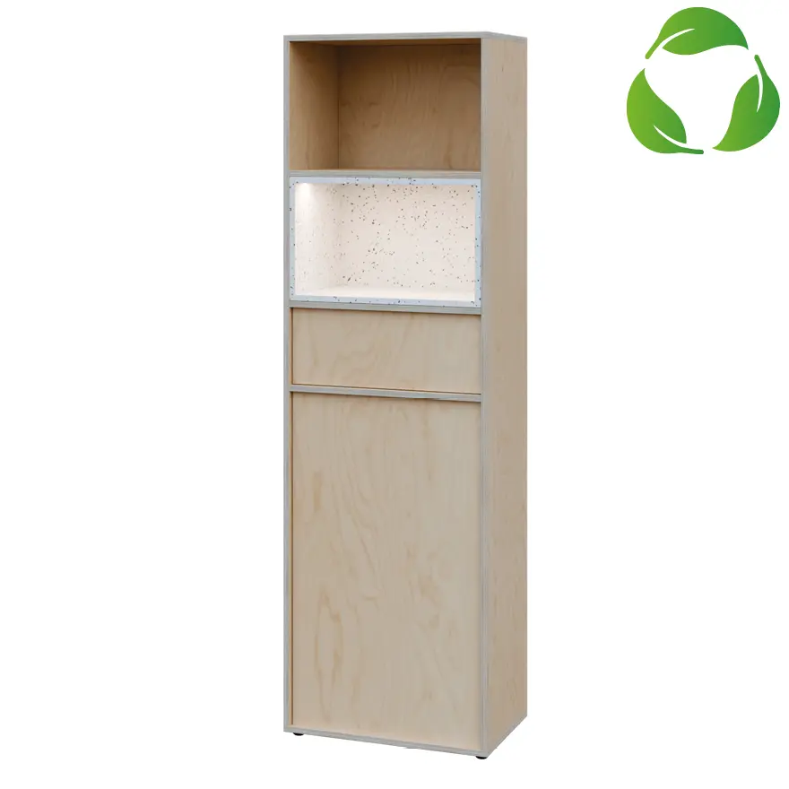 EFE V642 L kancelářská skříň, 1-dveřová/zásuvka/2 niky, 2000x600x400, levá, překližka bříza/upcyklovaný plast